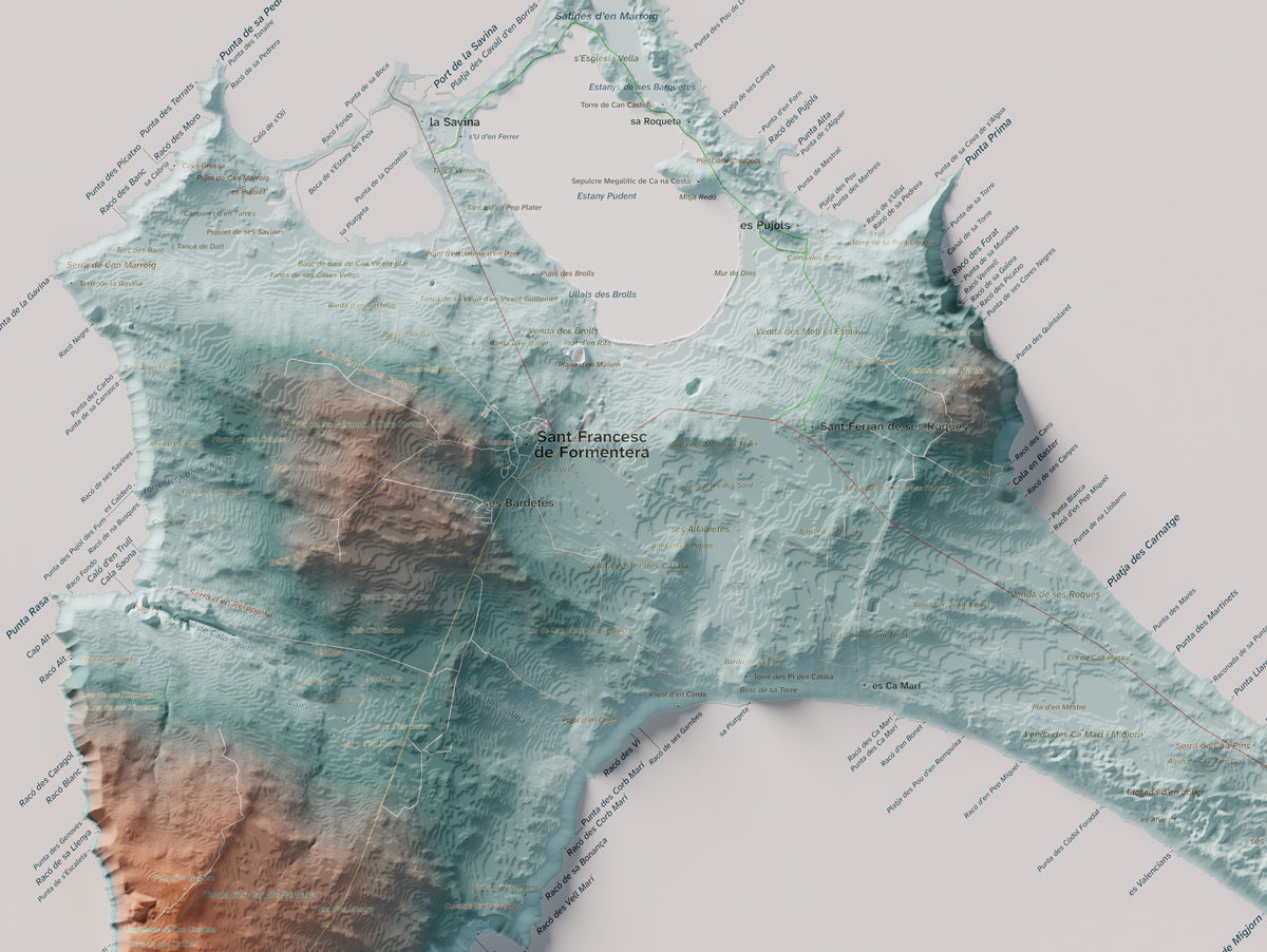 Mapa topográfico de Formentera, Azul y naranja, 70 × 100 cm: Sant Francesc y pueblos.