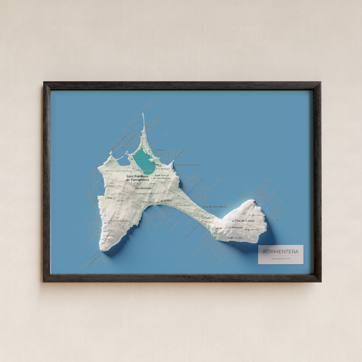 Mapa topográfico de Formentera, Cartográfico, 21 × 30 cm: presentación en marco negro (marco no incluido).