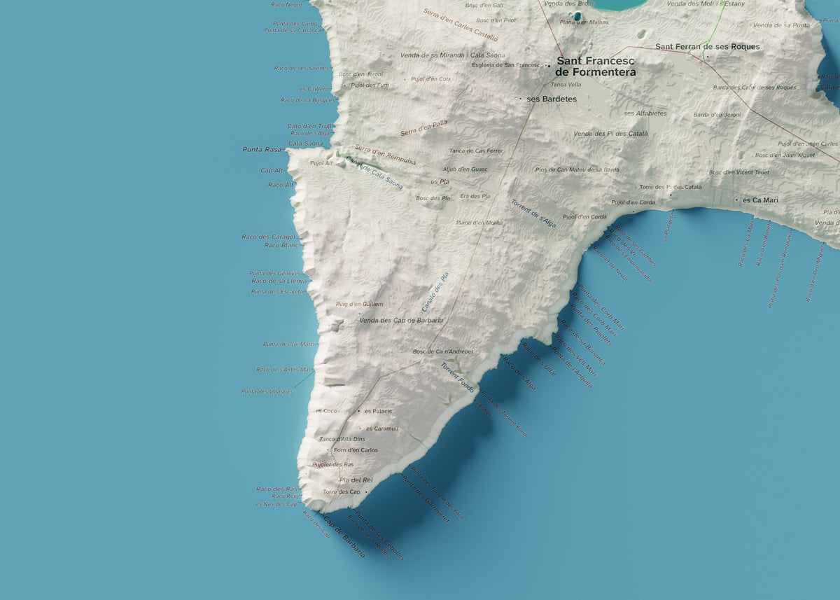 Edició octubre 2026 · Mapa topogràfic de Formentera, Cartogràfic, 50 × 70 cm: detall de la costa sud-oest.