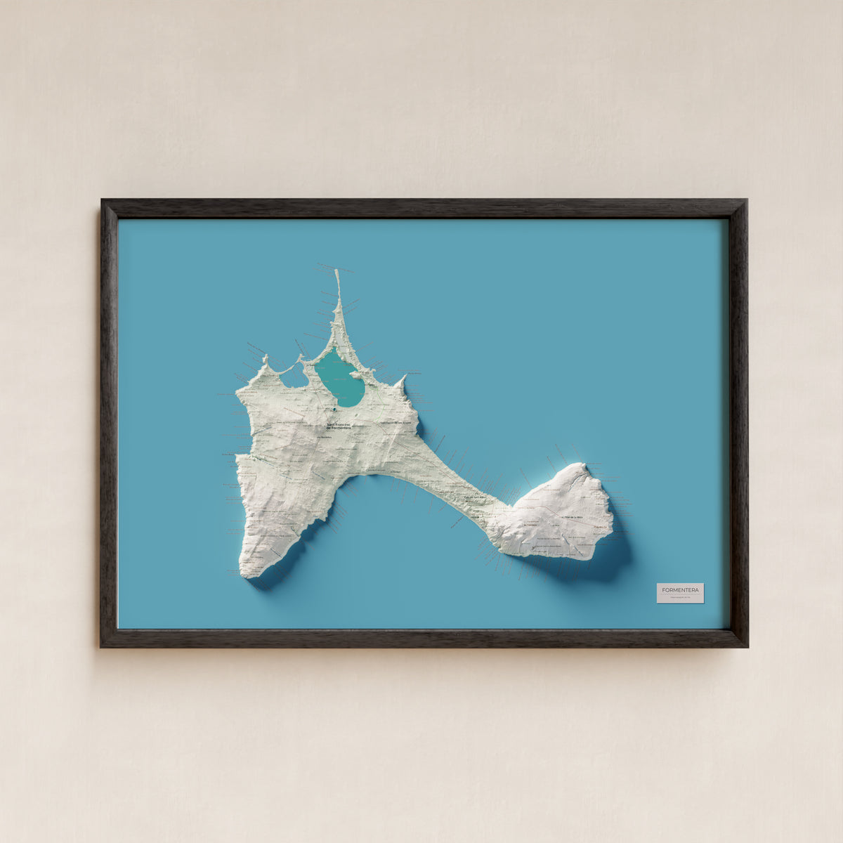 Edició octubre 2026 · Mapa topogràfic de Formentera, Cartogràfic, 61 × 91 cm: presentació en marc negre (marc no inclòs).