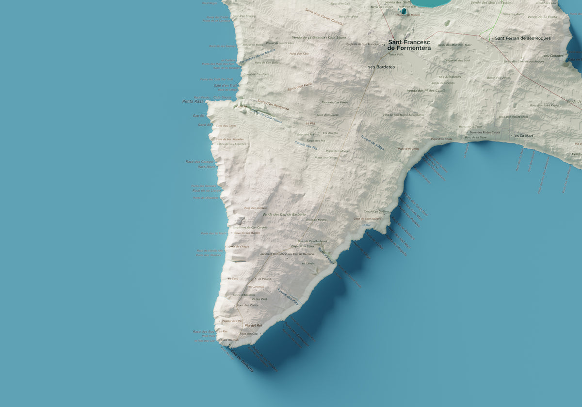 Edició octubre 2026 · Mapa topogràfic de Formentera, Cartogràfic, 70 × 100 cm: detall de la costa sud-oest.