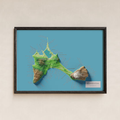 Edició octubre 2026 · Mapa topogràfic de Formentera, Clàssic, 21 × 30 cm: presentació en marc negre (marc no inclòs).