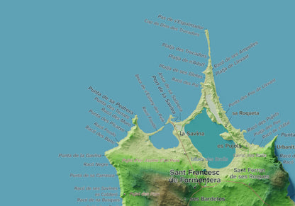 Edició octubre 2026 · Mapa topogràfic de Formentera, Clàssic, 21 × 30 cm: detall de la costa nord-oest.