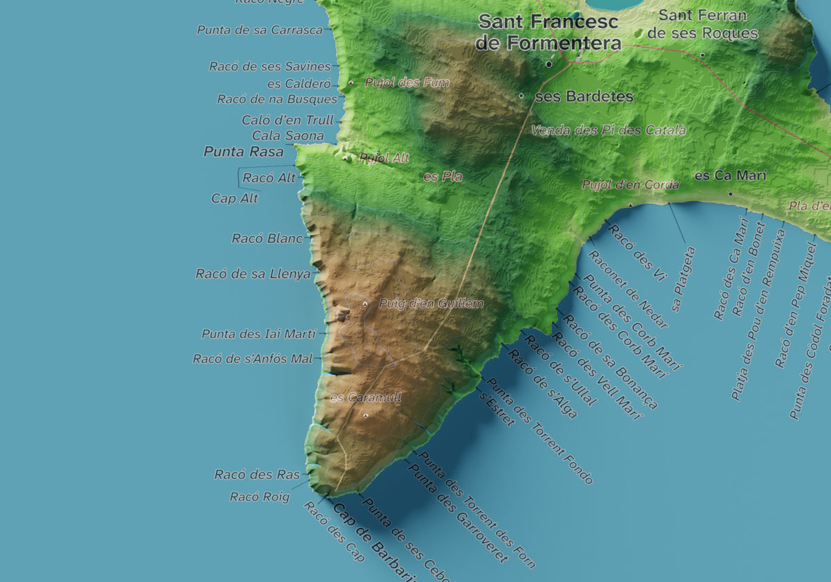 Edició octubre 2026 · Mapa topogràfic de Formentera, Clàssic, 21 × 30 cm: detall de la costa sud-oest.