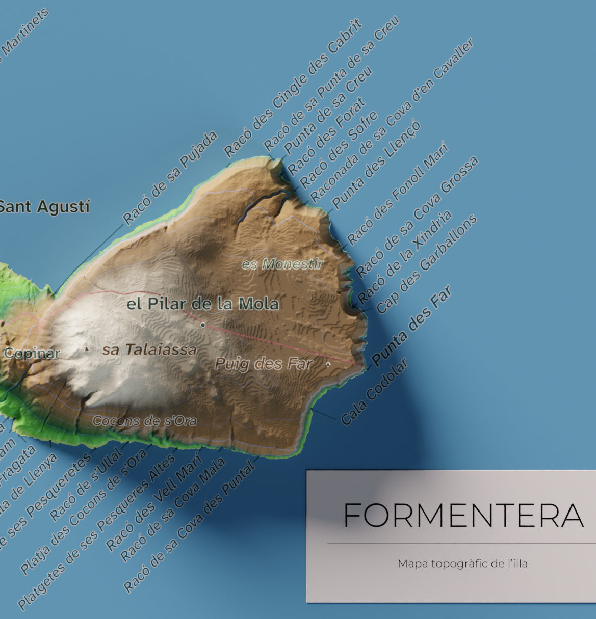 Mapa topográfico de Formentera, Clásico, 21 × 30 cm: la Mola y costa este.