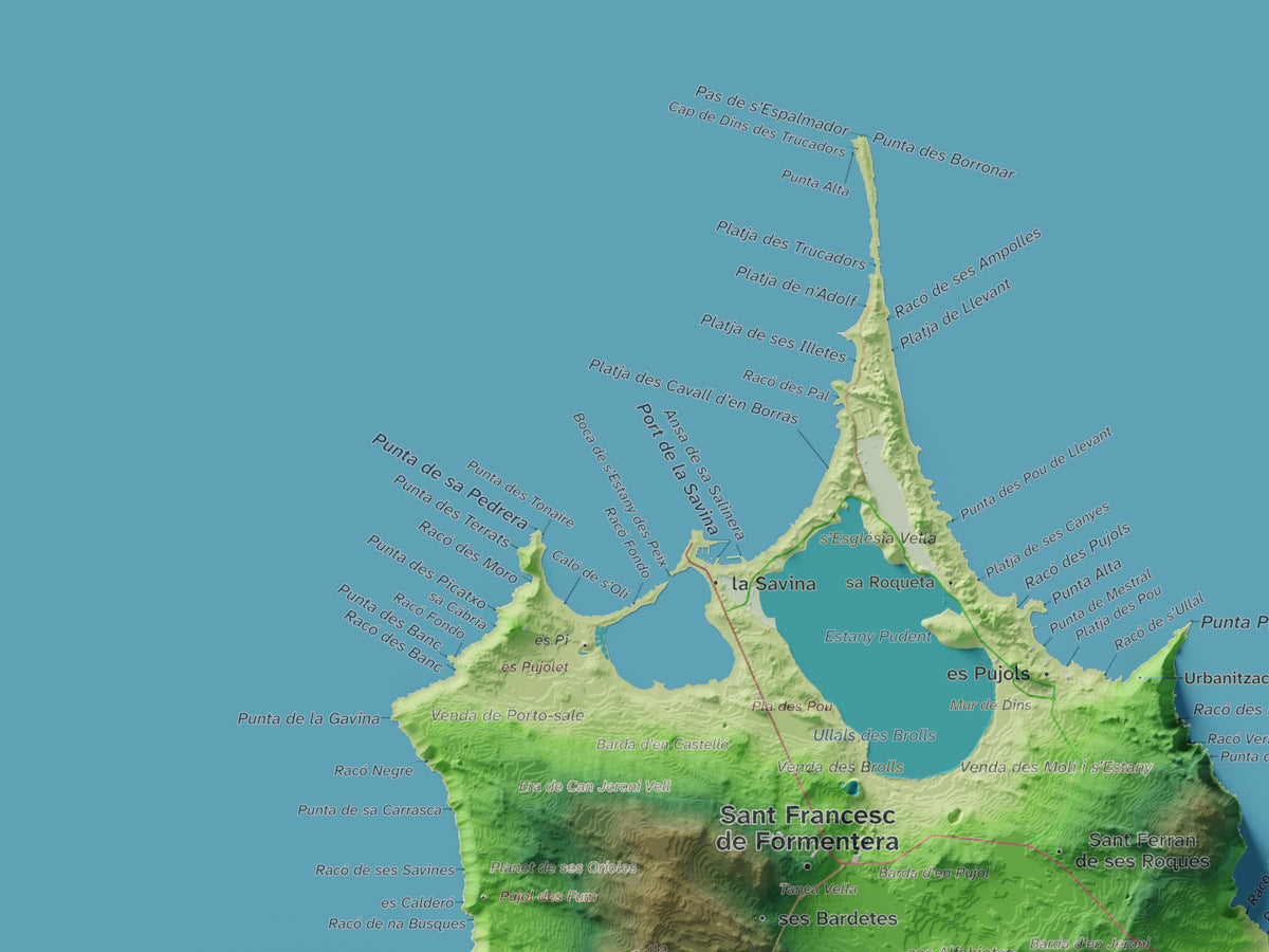 Edició octubre 2026 · Mapa topogràfic de Formentera, Clàssic, 30 × 40 cm: detall de la costa nord-oest.