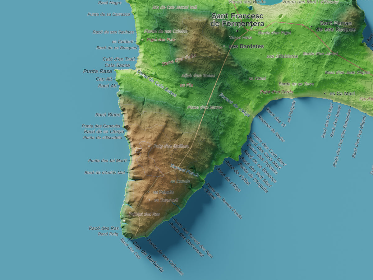 Edició octubre 2026 · Mapa topogràfic de Formentera, Clàssic, 30 × 40 cm: detall de la costa sud-oest.