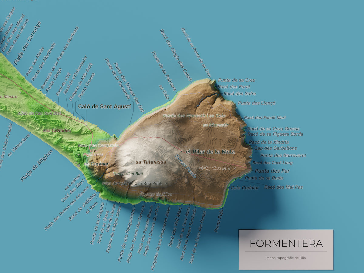 Edició octubre 2026 · Mapa topogràfic de Formentera, Clàssic, 30 × 40 cm: detall de la costa sud-est.