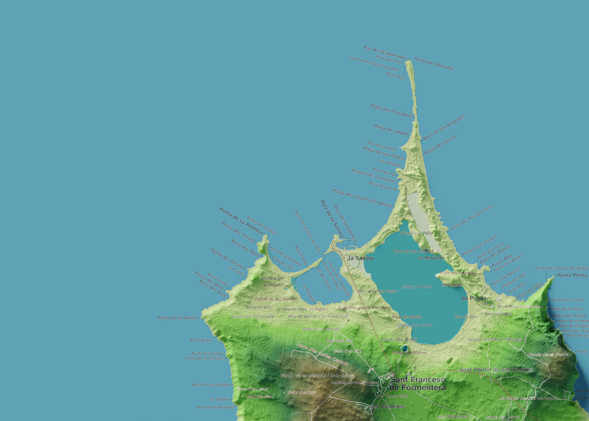 Edició octubre 2026 · Mapa topogràfic de Formentera, Clàssic, 50 × 70 cm: detall de la costa nord-oest.