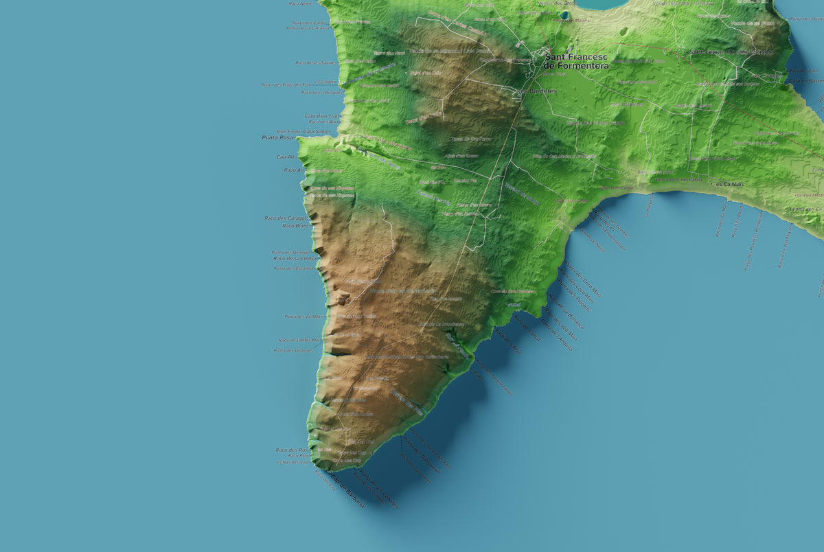 Edició octubre 2026 · Mapa topogràfic de Formentera, Clàssic, 61 × 91 cm: detall de la costa sud-oest.
