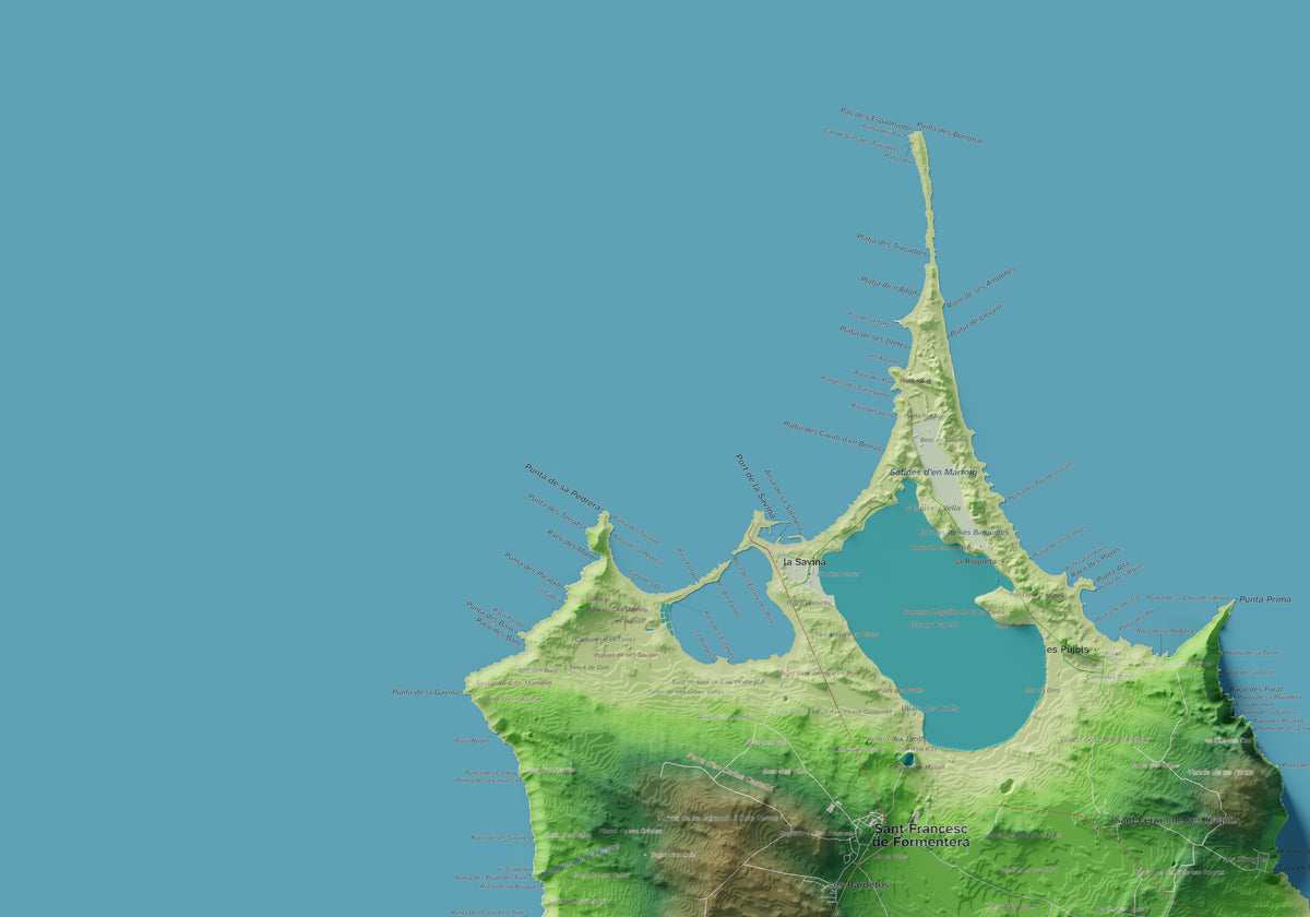 Edició octubre 2026 · Mapa topogràfic de Formentera, Clàssic, 70 × 100 cm: detall de la costa nord-oest.