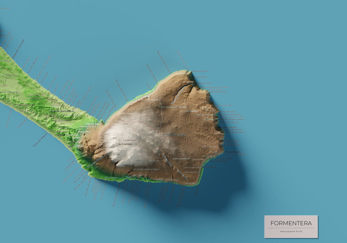 Edició octubre 2026 · Mapa topogràfic de Formentera, Clàssic, 70 × 100 cm: detall de la costa sud-est.