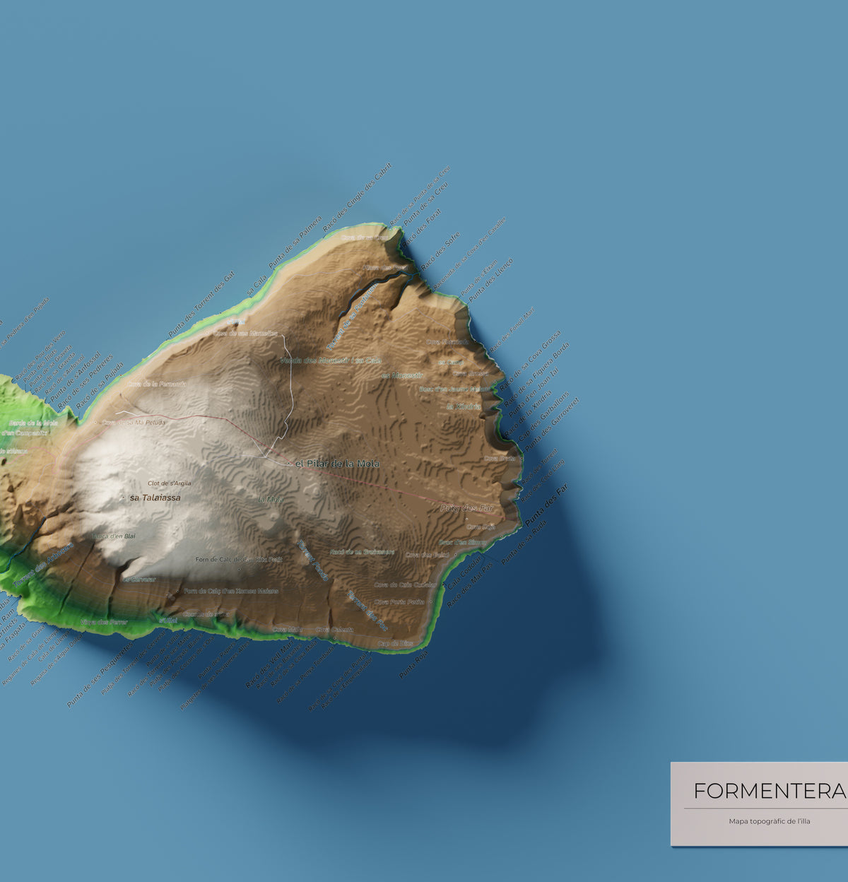 Mapa topográfico de Formentera, Clásico, 70 × 100 cm: la Mola y costa este.