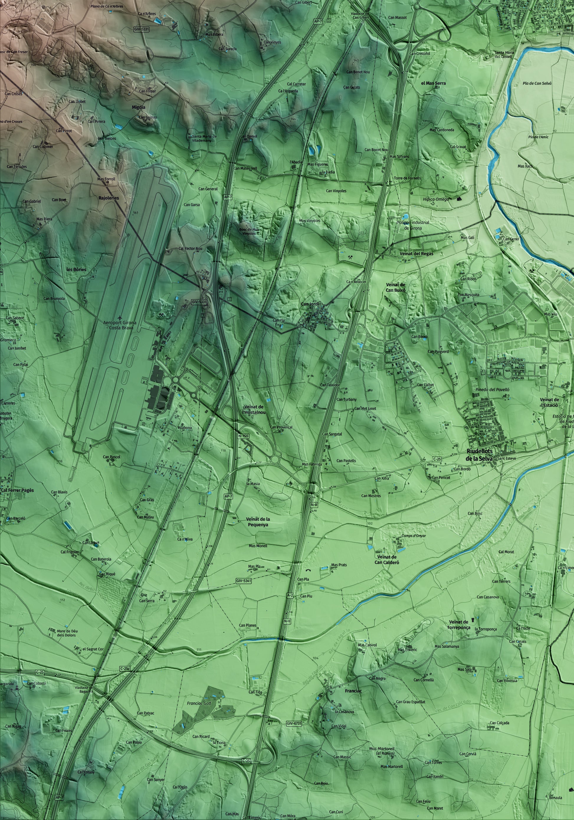 Mapa artístico del relieve de Fornells de la Selva, al Gironès, con 15 km de entorno y base topográfica ICGC. Detalle de la zona inferior izquierda.