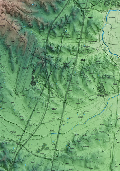 Mapa artístico del relieve de Fornells de la Selva, al Gironès, con 15 km de entorno y base topográfica ICGC. Detalle de la zona inferior izquierda.