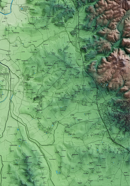 Mapa artístico del relieve de Fornells de la Selva, al Gironès, con 15 km de entorno y base topográfica ICGC. Detalle de la zona inferior derecha.