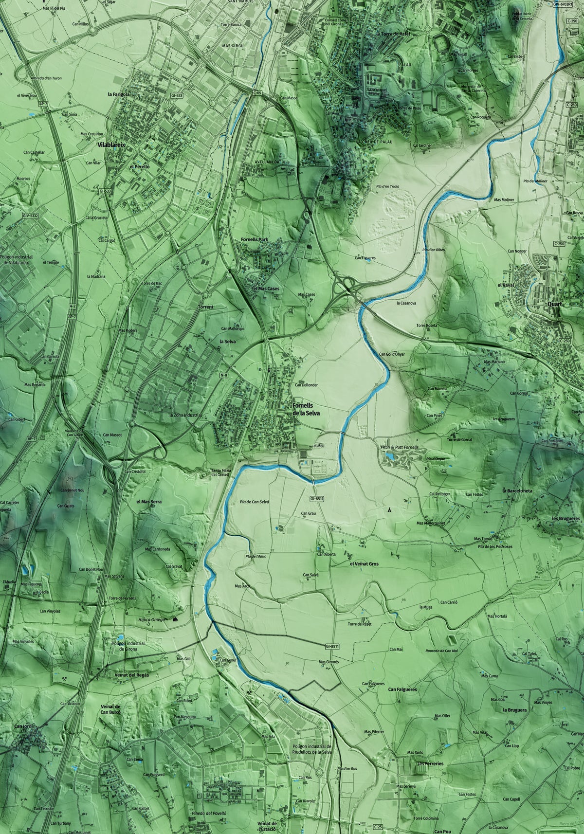 Mapa artístico del relieve de Fornells de la Selva, al Gironès, con 15 km de entorno y base topográfica ICGC. Detalle de la zona central.