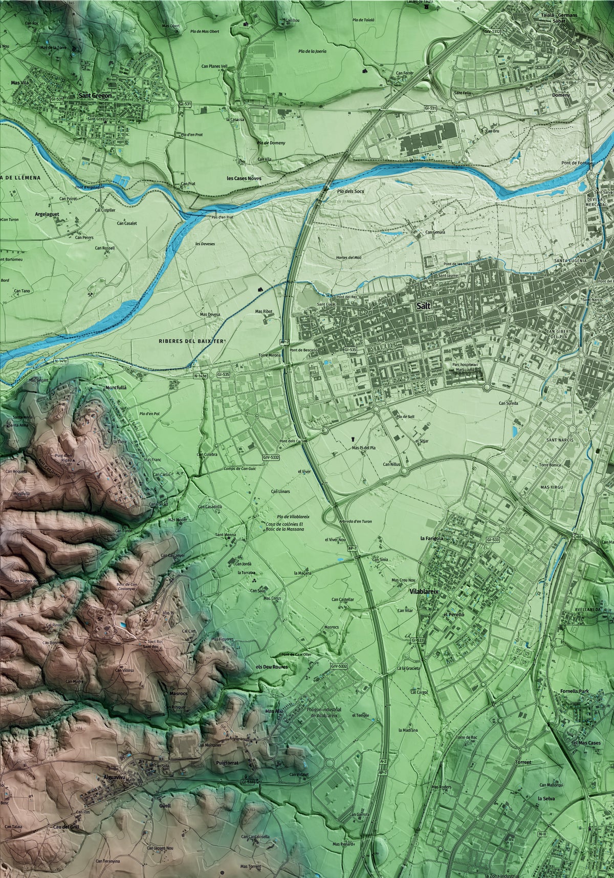 Mapa artístico del relieve de Fornells de la Selva, al Gironès, con 15 km de entorno y base topográfica ICGC. Detalle de la zona superior izquierda.