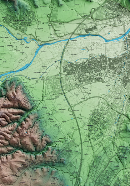 Mapa artístico del relieve de Fornells de la Selva, al Gironès, con 15 km de entorno y base topográfica ICGC. Detalle de la zona superior izquierda.