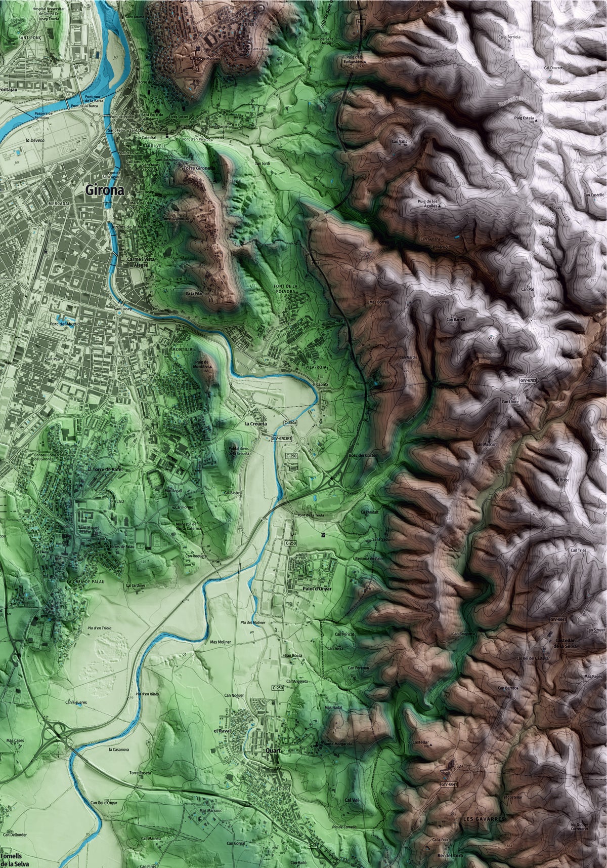 Mapa artístico del relieve de Fornells de la Selva, al Gironès, con 15 km de entorno y base topográfica ICGC. Detalle de la zona superior derecha.