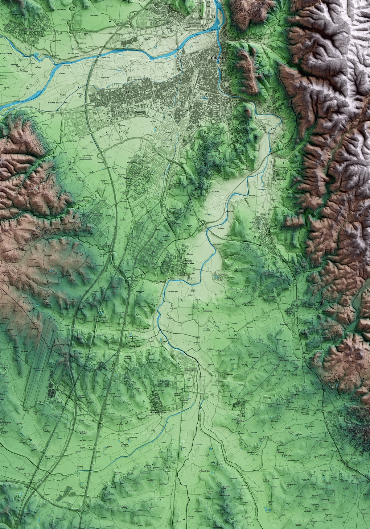 Mapa artístico del relieve de Fornells de la Selva, al Gironès, con 15 km de entorno y base topográfica ICGC