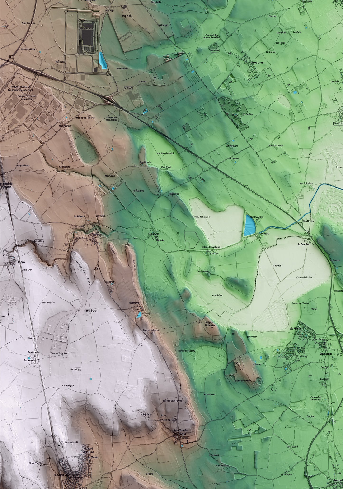 Mapa artístico del relieve de Fortià, al Alt Empordà, con 15 km de entorno y base topográfica ICGC. Detalle de la zona inferior izquierda.