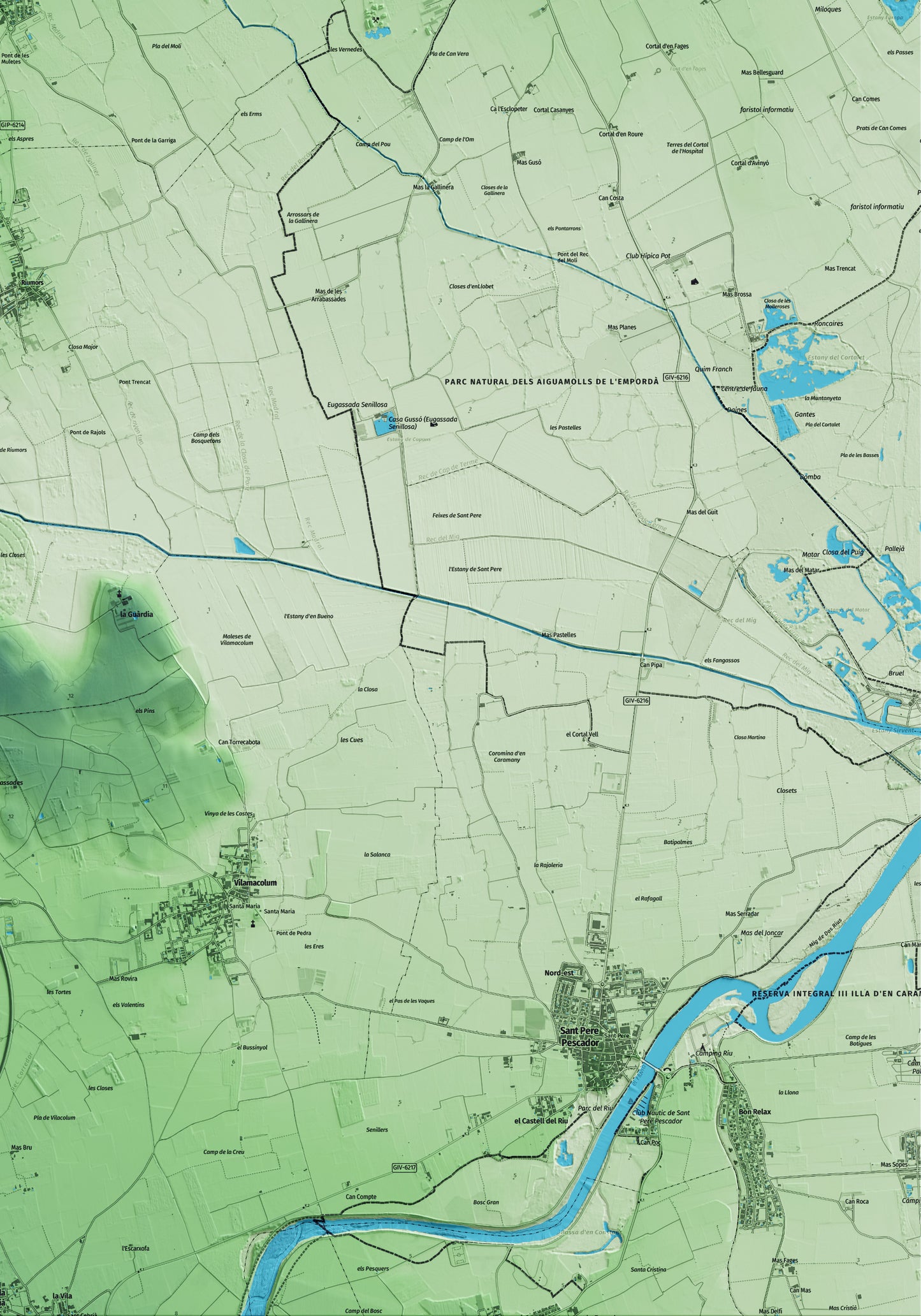 Mapa artístico del relieve de Fortià, al Alt Empordà, con 15 km de entorno y base topográfica ICGC. Detalle de la zona inferior derecha.