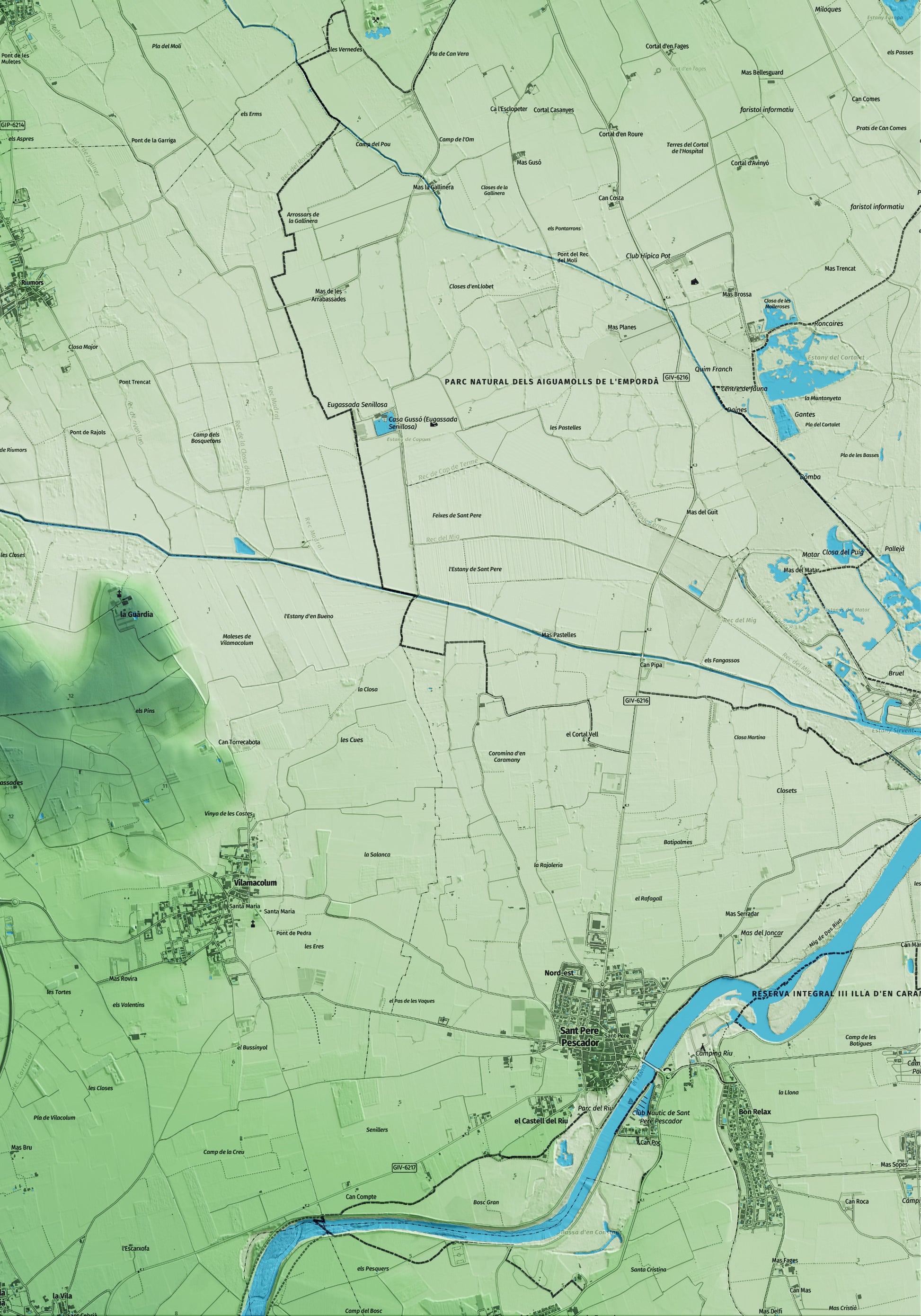 Mapa artístico del relieve de Fortià, al Alt Empordà, con 15 km de entorno y base topográfica ICGC. Detalle de la zona inferior derecha.