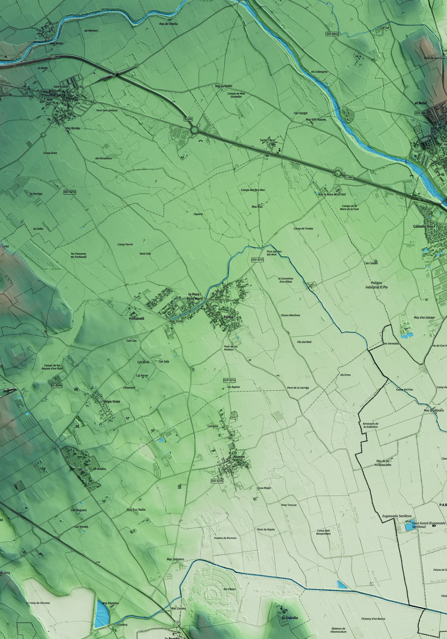 Mapa artístico del relieve de Fortià, al Alt Empordà, con 15 km de entorno y base topográfica ICGC. Detalle de la zona central.