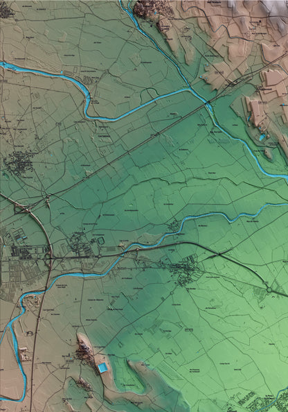 Mapa artístico del relieve de Fortià, al Alt Empordà, con 15 km de entorno y base topográfica ICGC. Detalle de la zona superior izquierda.