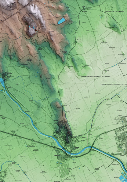 Mapa artístico del relieve de Fortià, al Alt Empordà, con 15 km de entorno y base topográfica ICGC. Detalle de la zona superior derecha.
