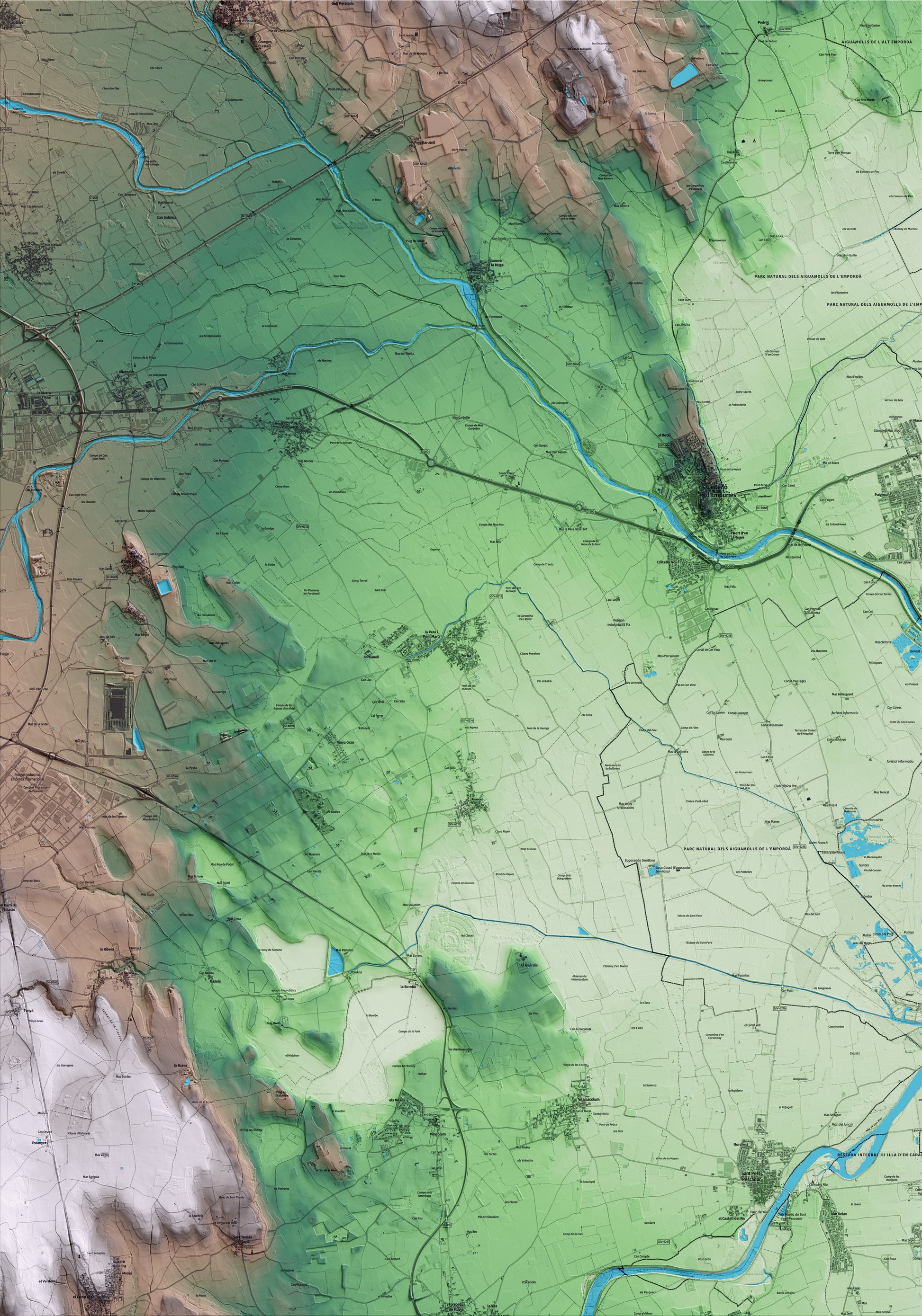Mapa artístico del relieve de Fortià, al Alt Empordà, con 15 km de entorno y base topográfica ICGC