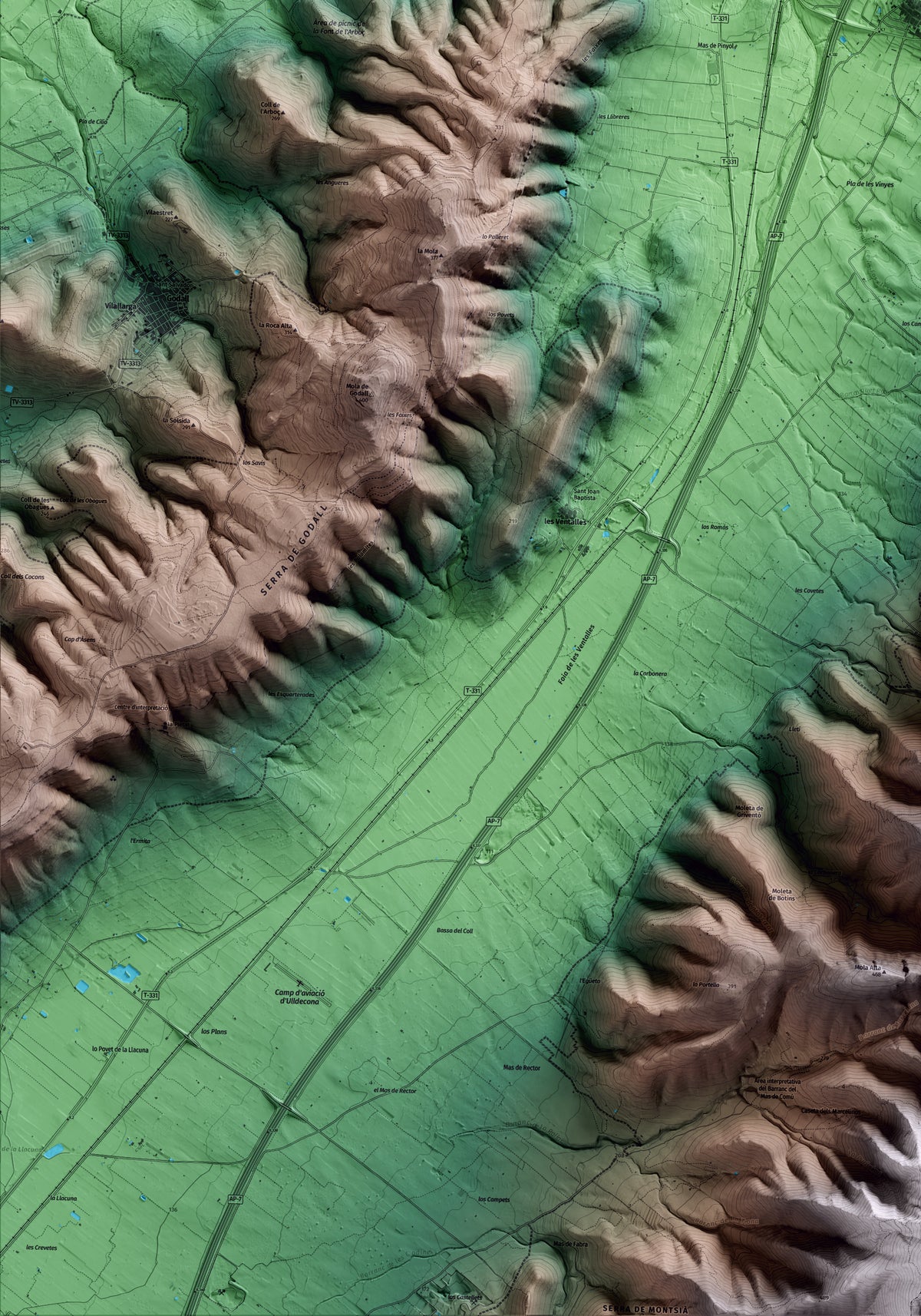 Mapa artístico del relieve de Freginals, al Montsià, con 15 km de entorno y base topográfica ICGC. Detalle de la zona inferior izquierda.