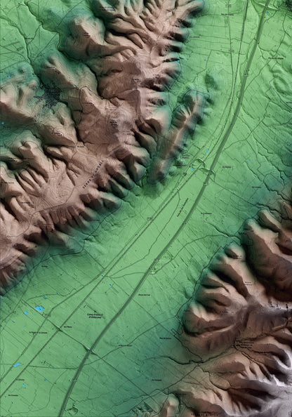 Mapa artístico del relieve de Freginals, al Montsià, con 15 km de entorno y base topográfica ICGC. Detalle de la zona inferior izquierda.