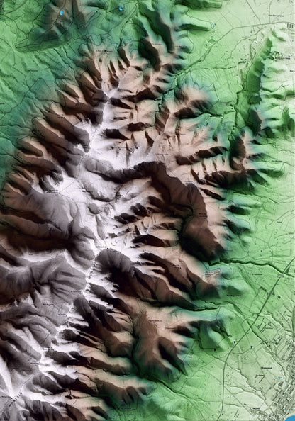 Mapa artístico del relieve de Freginals, al Montsià, con 15 km de entorno y base topográfica ICGC. Detalle de la zona inferior derecha.