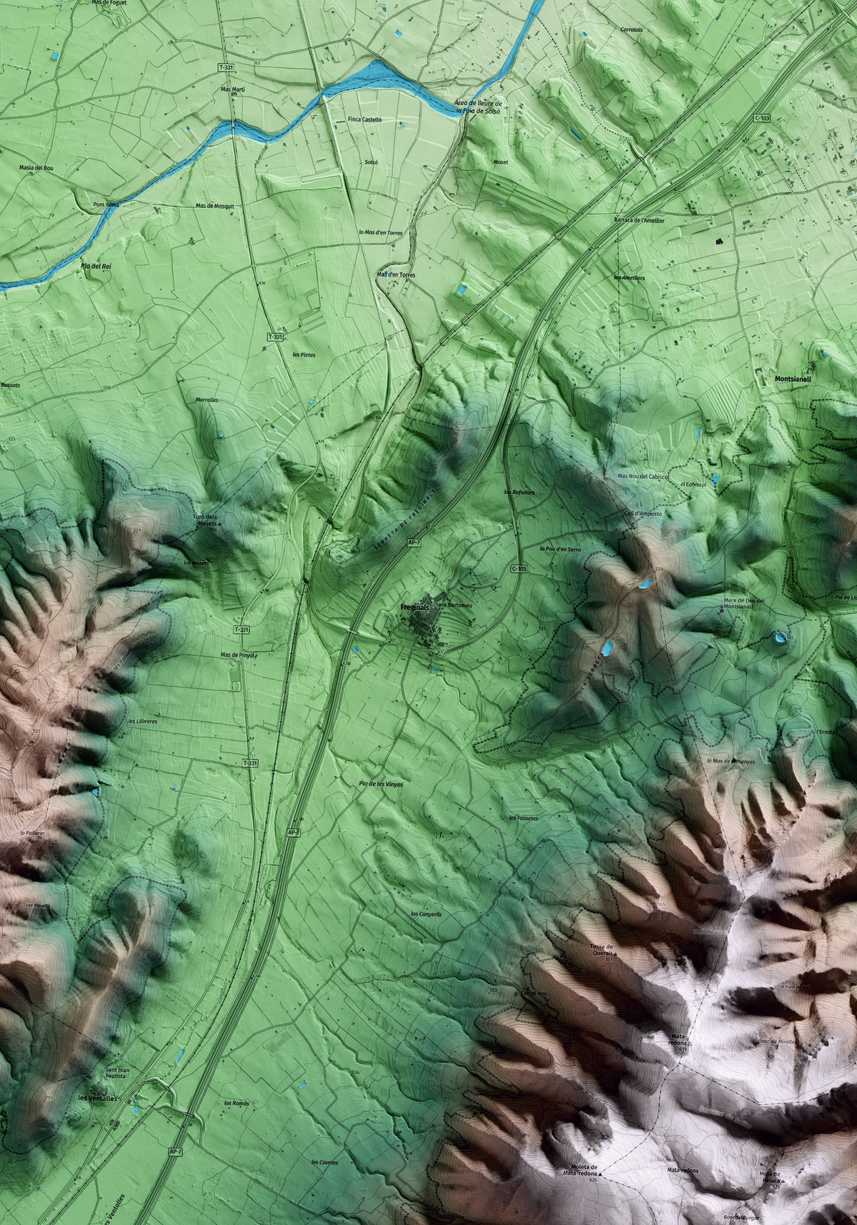 Mapa artístico del relieve de Freginals, al Montsià, con 15 km de entorno y base topográfica ICGC. Detalle de la zona central.