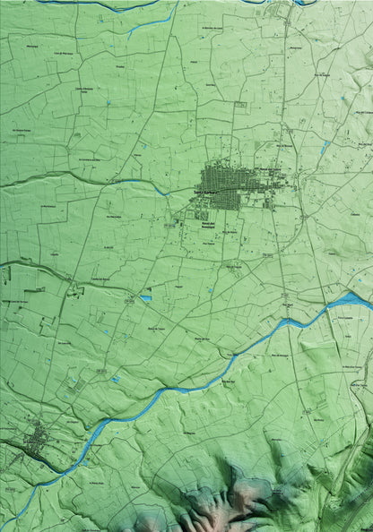 Mapa artístico del relieve de Freginals, al Montsià, con 15 km de entorno y base topográfica ICGC. Detalle de la zona superior izquierda.