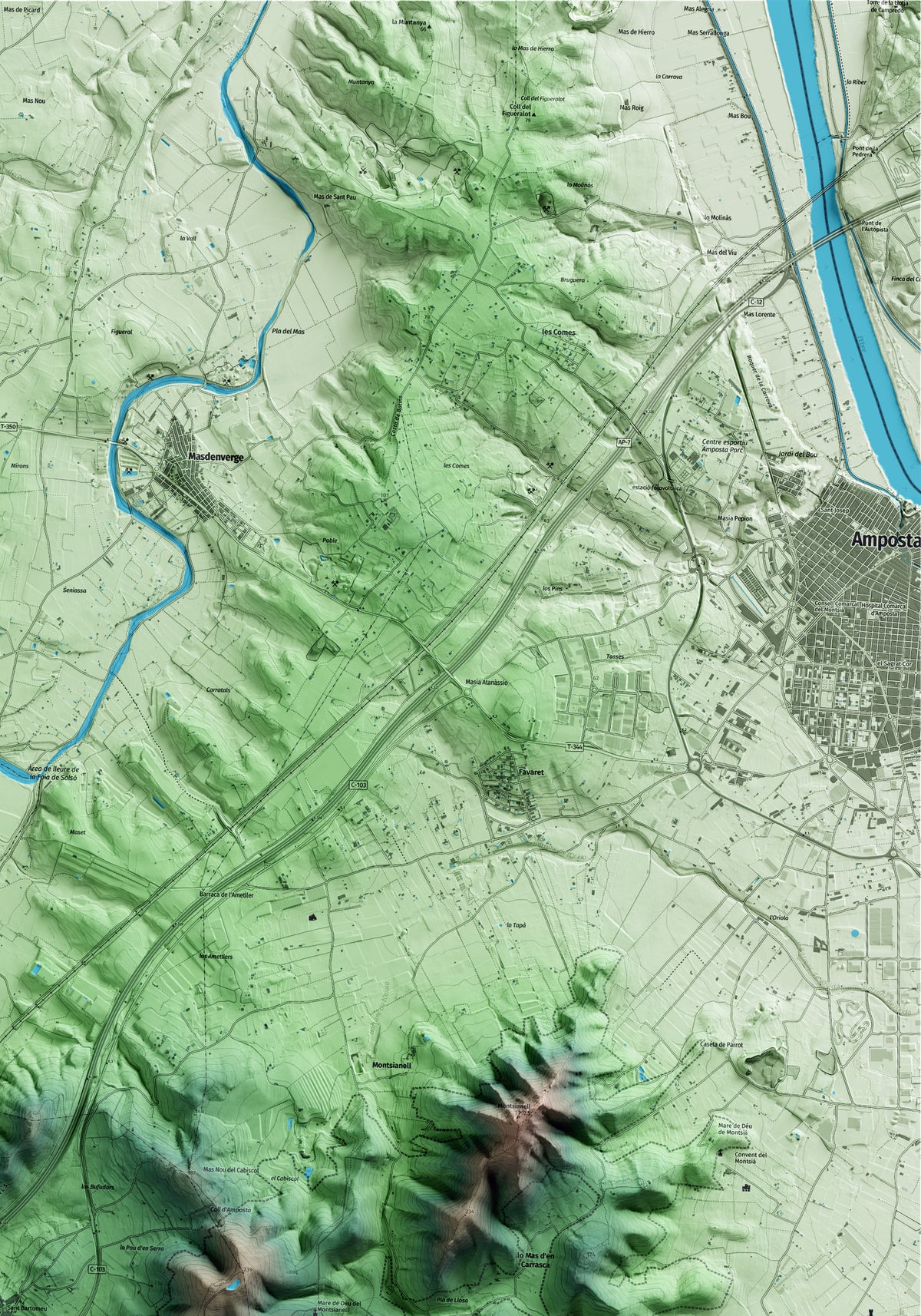 Mapa artístico del relieve de Freginals, al Montsià, con 15 km de entorno y base topográfica ICGC. Detalle de la zona superior derecha.