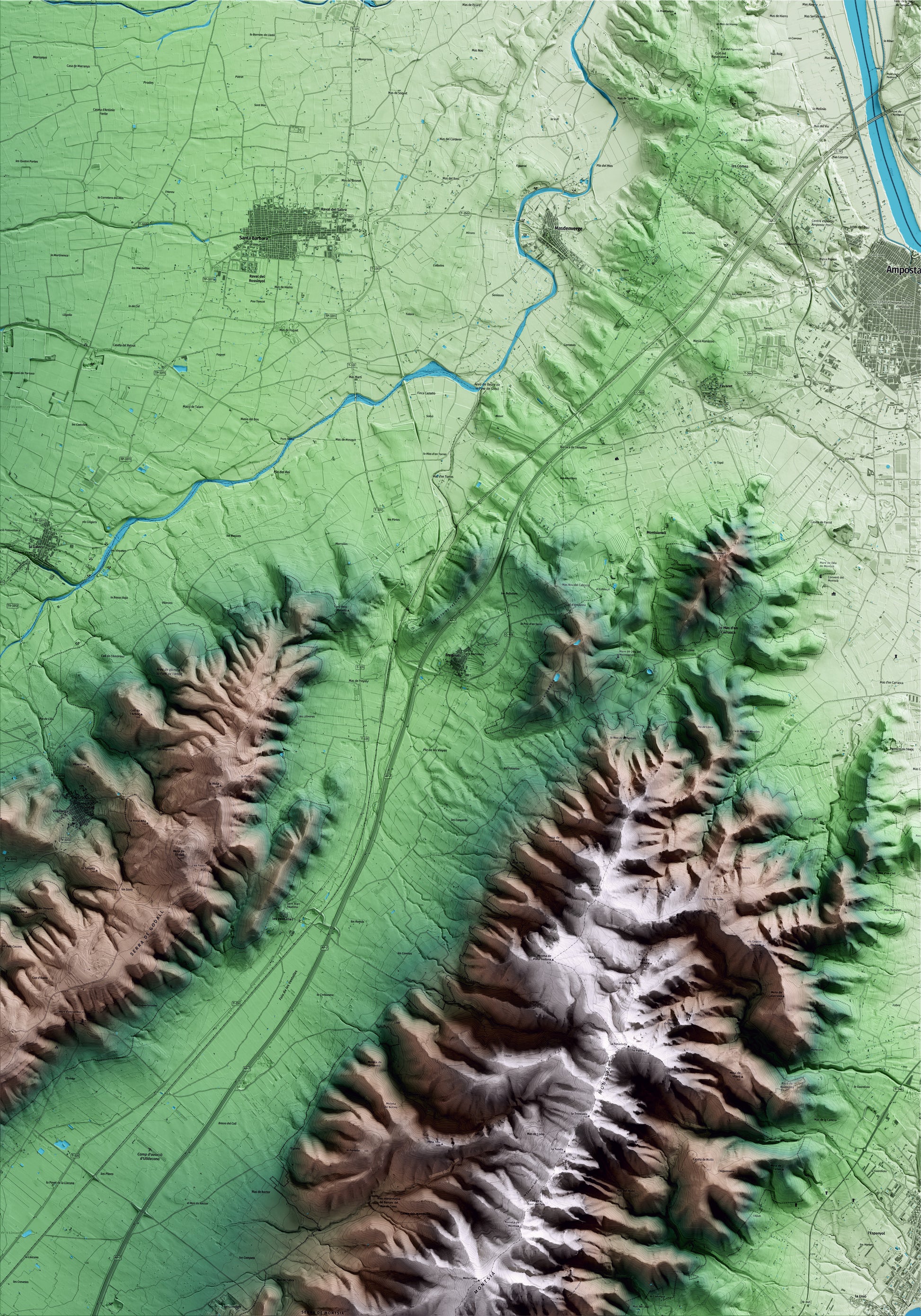 Mapa artístico del relieve de Freginals, al Montsià, con 15 km de entorno y base topográfica ICGC