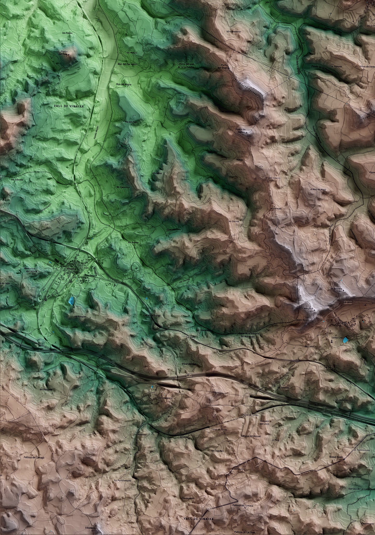 Mapa artístico del relieve de Fulleda, a las Garrigues, con 15 km de entorno y base topográfica ICGC. Detalle de la zona inferior izquierda.