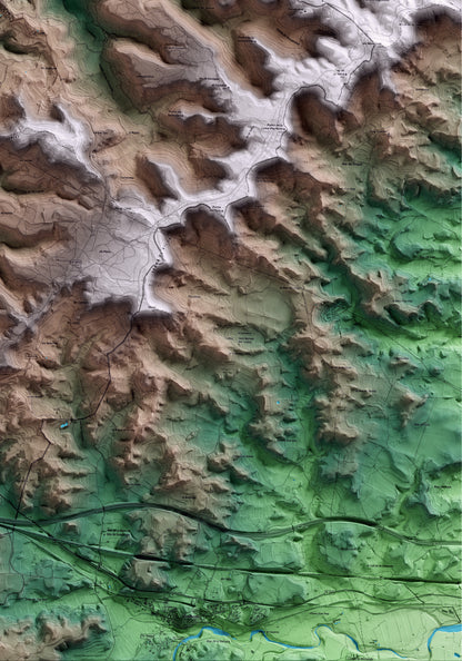 Mapa artístico del relieve de Fulleda, a las Garrigues, con 15 km de entorno y base topográfica ICGC. Detalle de la zona inferior derecha.