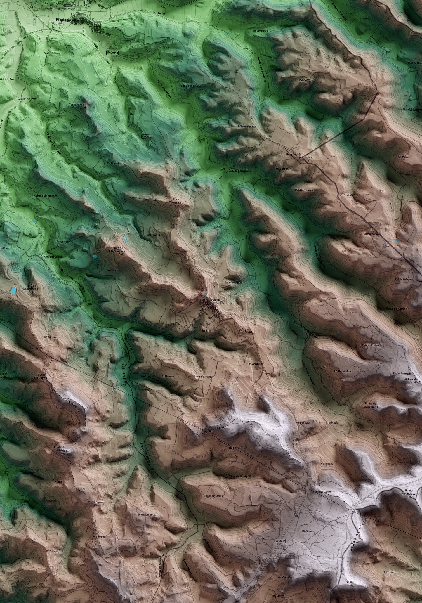 Mapa artístico del relieve de Fulleda, a las Garrigues, con 15 km de entorno y base topográfica ICGC. Detalle de la zona central.