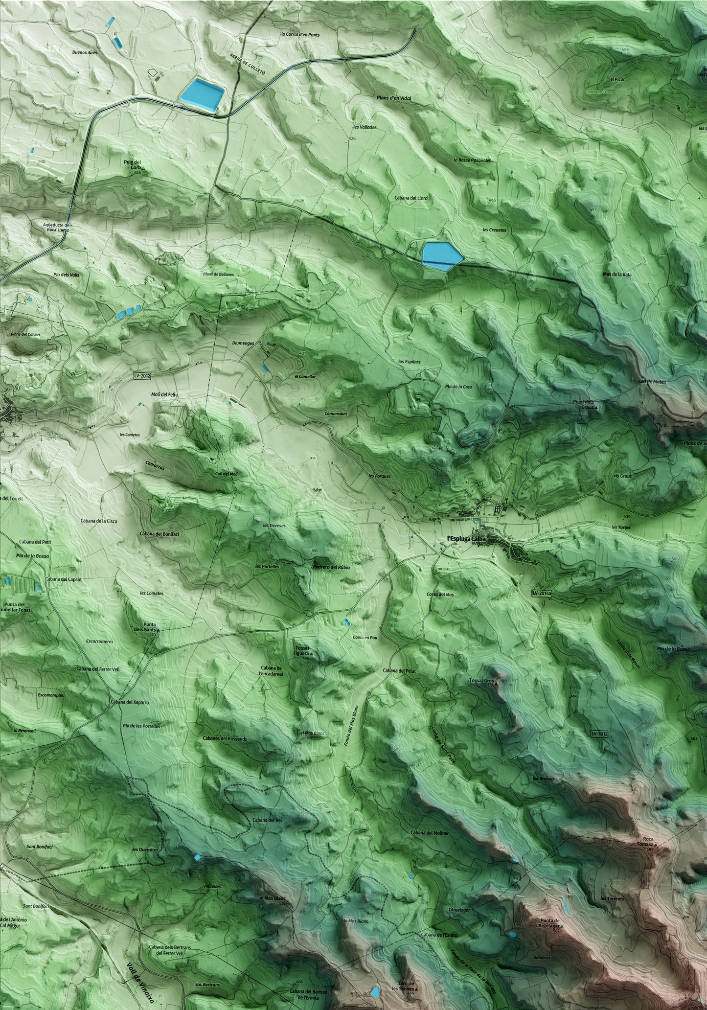 Mapa artístico del relieve de Fulleda, a las Garrigues, con 15 km de entorno y base topográfica ICGC. Detalle de la zona superior izquierda.