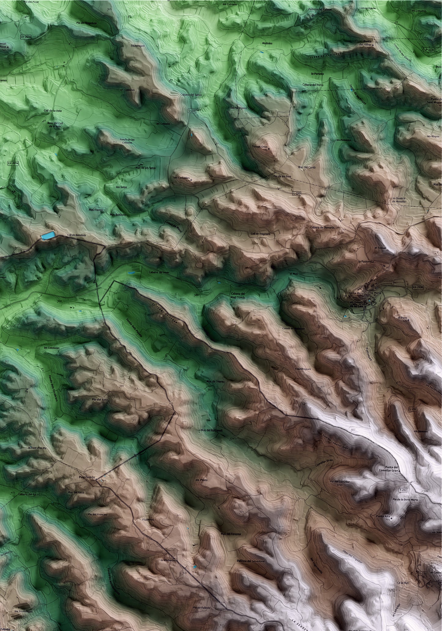 Mapa artístico del relieve de Fulleda, a las Garrigues, con 15 km de entorno y base topográfica ICGC. Detalle de la zona superior derecha.