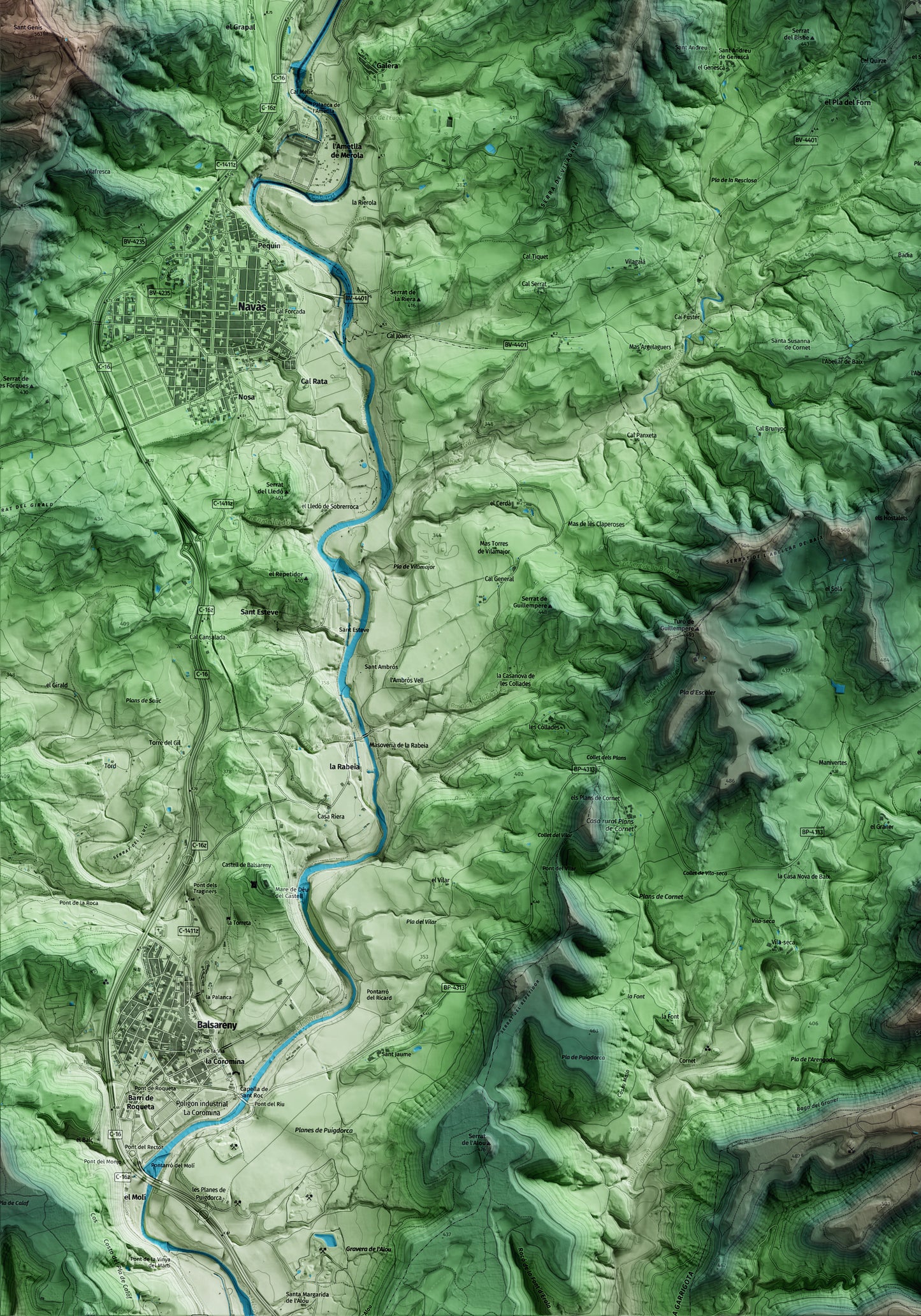 Mapa artístico del relieve de Gaià, al Bages, con 15 km de entorno y base topográfica ICGC. Detalle de la zona inferior izquierda.