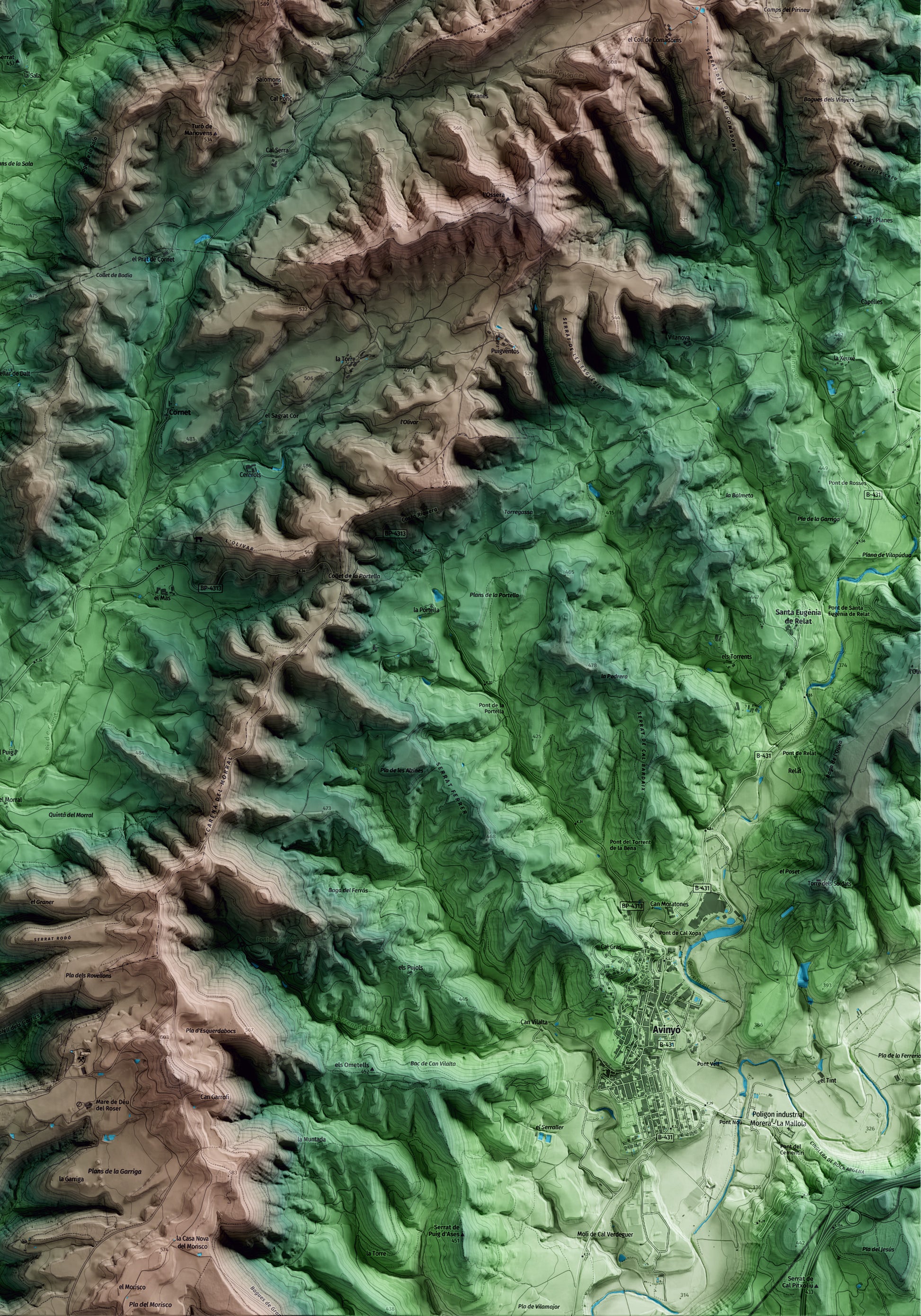 Mapa artístico del relieve de Gaià, al Bages, con 15 km de entorno y base topográfica ICGC. Detalle de la zona inferior derecha.