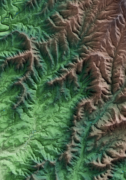 Mapa artístico del relieve de Gaià, al Bages, con 15 km de entorno y base topográfica ICGC. Detalle de la zona central.