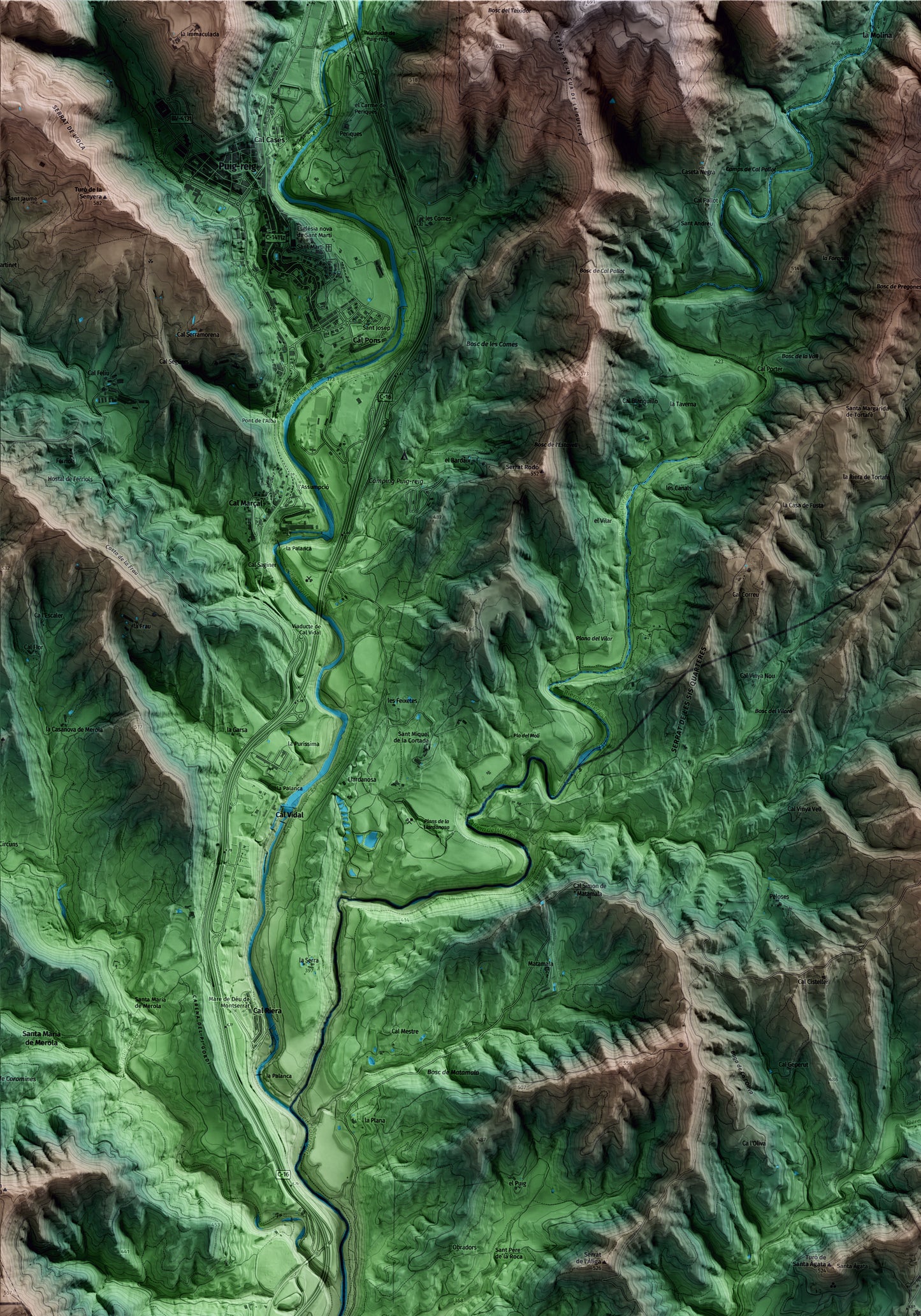 Mapa artístico del relieve de Gaià, al Bages, con 15 km de entorno y base topográfica ICGC. Detalle de la zona superior izquierda.