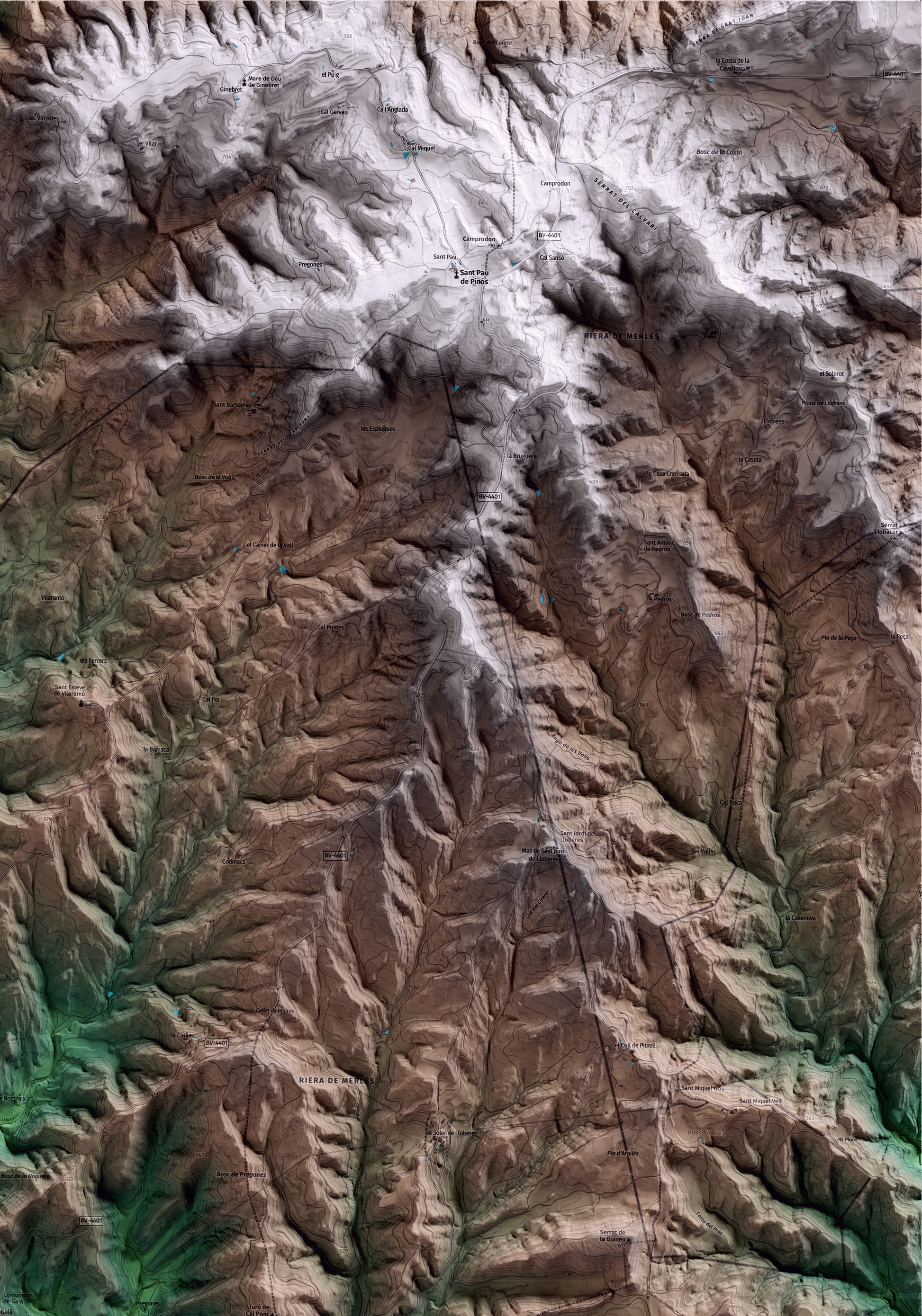 Mapa artístico del relieve de Gaià, al Bages, con 15 km de entorno y base topográfica ICGC. Detalle de la zona superior derecha.