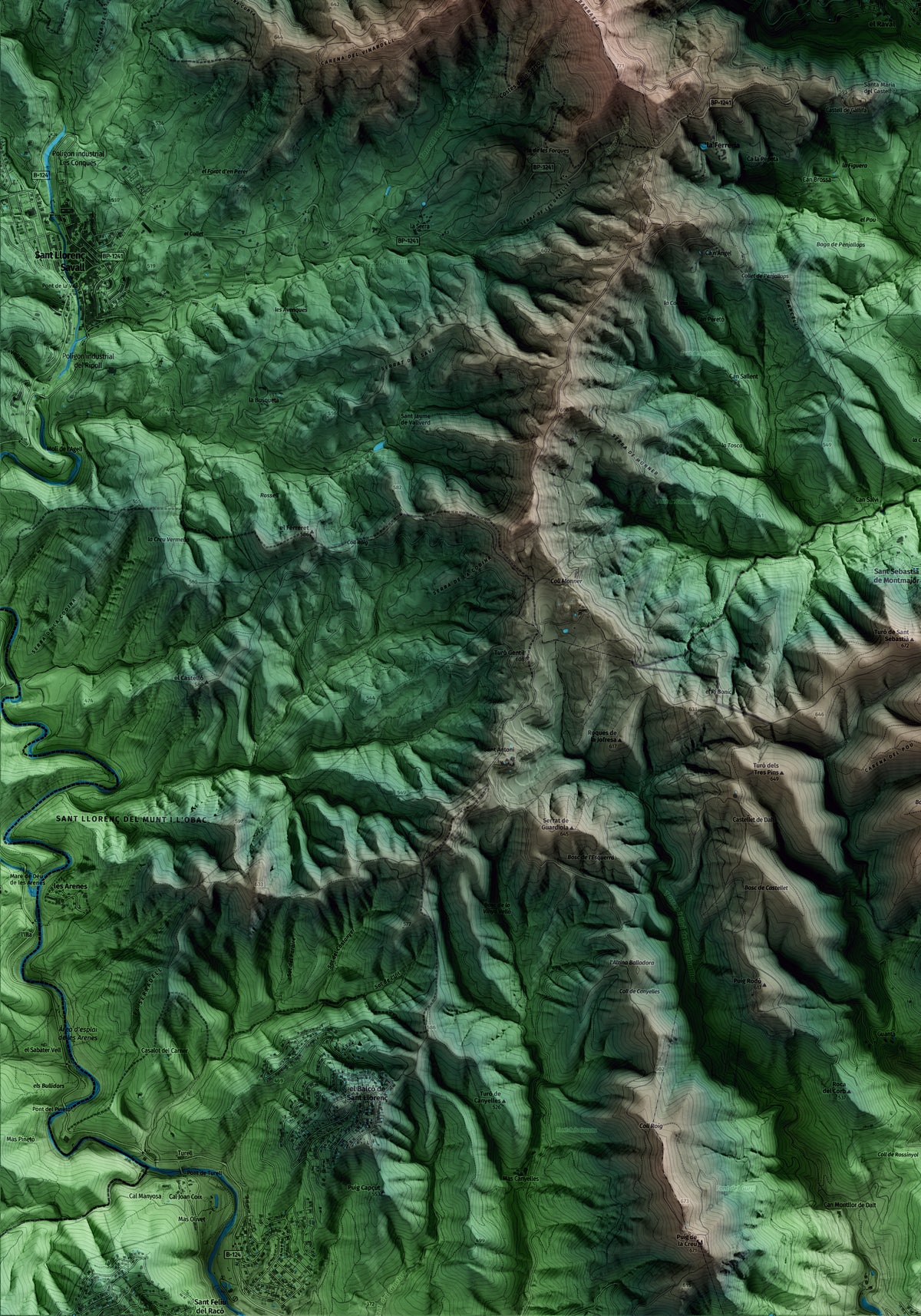 Mapa artístico del relieve de Gallifa, al Vallès Occidental, con 15 km de entorno y base topográfica ICGC. Detalle de la zona inferior izquierda.